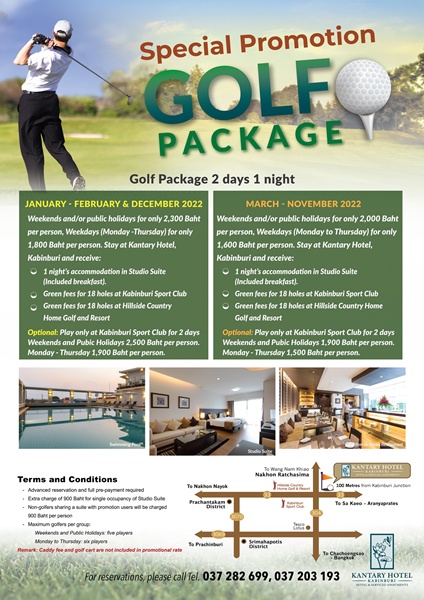 Get ready to tee off at 2 famous courses in Prachinburi with the Golf Package at Kantary Hotel, Kabinburi