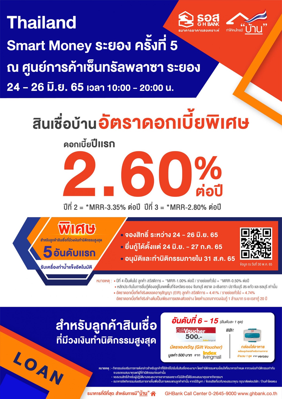 ธอส. ขนโปรโมชั่น สินเชื่อบ้านอัตราดอกเบี้ยคงที่ปีแรก 2.60% ต่อปี ร่วมงาน Thailand Smart Money ระยอง ครั้งที่