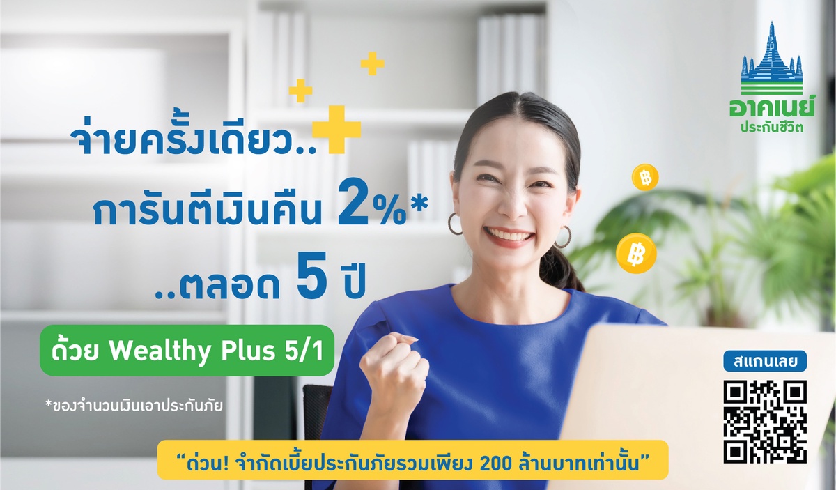 อาคเนย์ประกันชีวิต ชวนคนไทยวางแผนสุขภาพการเงิน ด้วย Wealthy Plus 5/1 จ่ายเบี้ยครั้งเดียว รับผลตอบแทนสูง