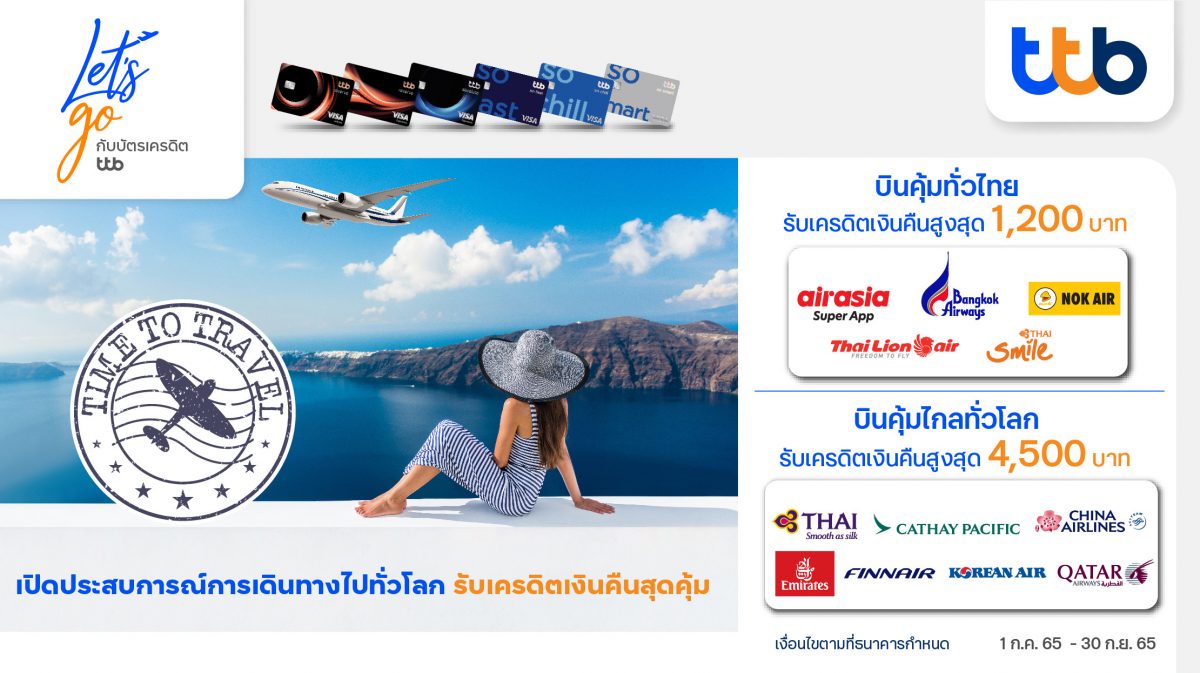 บัตรเครดิต ทีทีบี ชวนเดินทางท่องเที่ยวทั่วไทยและทั่วโลก จับมือ 12 สายการบิน มอบเครดิตเงินคืนสูงสุด 4,500