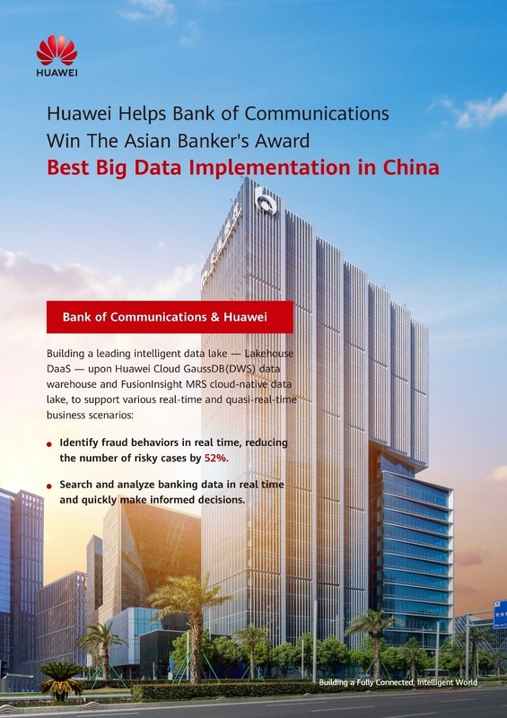 Equipped with Huawei's Tech, Bank of Communications Wins The Asian Banker's Award of Best Big Data Implementation in