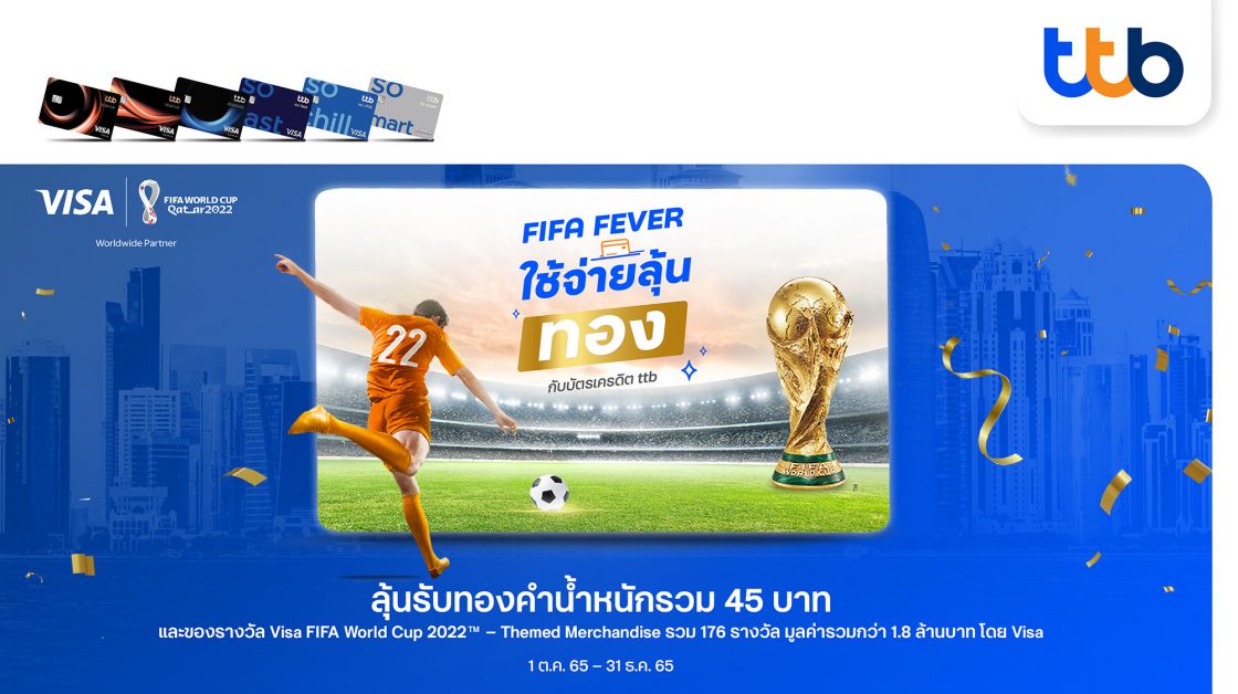 บัตรเครดิต ทีทีบี ร่วมฉลอง FIFA World Cup 2022TM ใช้จ่ายรับสิทธิ์ลุ้นโชค ทองคำหนัก 45 บาท และรางวัลอื่น ๆ รวม 1.8
