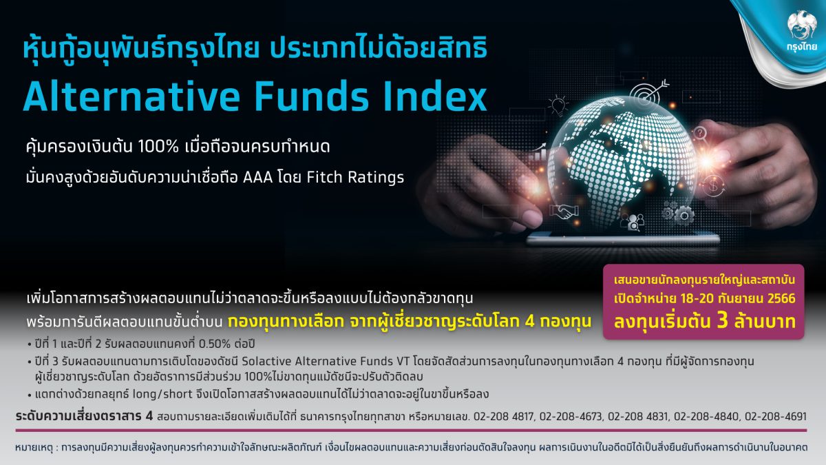 กรุงไทย เปิดขายหุ้นกู้อนุพันธ์ Alternative Funds Index คุ้มครองเงินต้น 100% ดีเดย์ 18-20 ก.ย.นี้