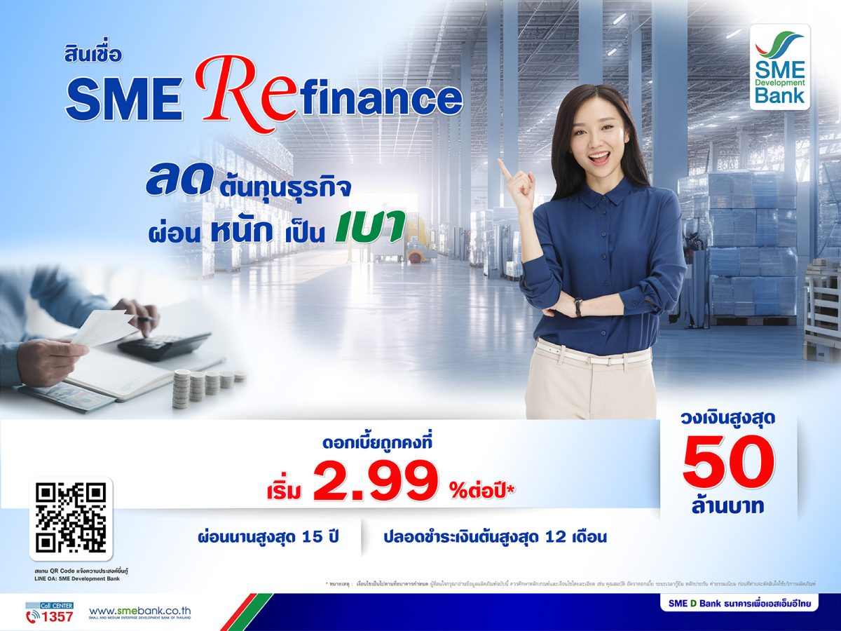 SME D Bank ผุดสินเชื่อ 'SME Refinance' ช่วยเอสเอ็มอีลดต้นทุน ผ่อนหนักเป็นเบา เงื่อนไขสุดพิเศษ ดอกเบี้ยถูกคงที่ปีแรก 2.99% แถม Cash Back อีก 6