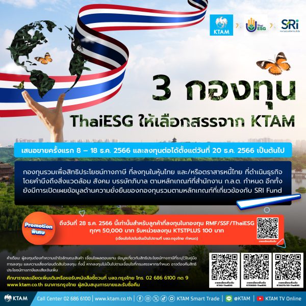 KTAM เปิดโพยกองทุน Thai ESG เสนอขายครั้งแรก 8-18 ธ.ค.นี้ ส่งเสริมการลงทุนเพื่อสิทธิประโยชน์ทางภาษี พร้อมมุ่งมั่นใส่ใจเพื่อผลตอบแทนที่ยั่งยืน