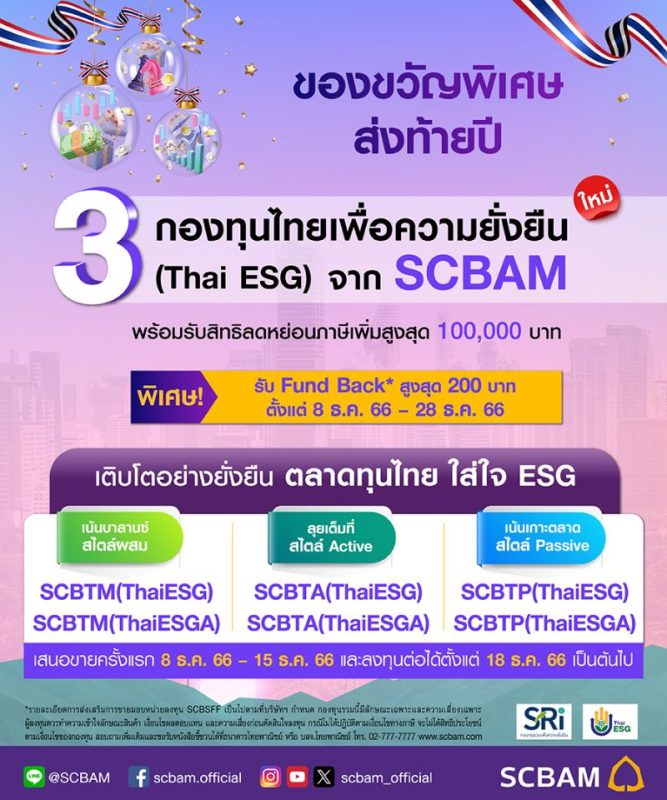 บลจ.ไทยพาณิชย์ เปิดตัว 3 กองทุนใหม่ Thai ESG พร้อมสิทธิลดหย่อนภาษีเพิ่ม จัดครบทุกสไตล์การลงทุน ทั้งกองทุนผสม กองหุ้น Active และกองหุ้น Passive พร้อมมอบของขวัญพิเศษ Fund Back สูงสุด 200 บาท เมื่อลงทุน