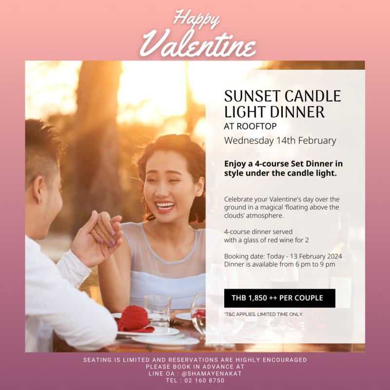 Sunset candle light dinner at rooftop Shama Yen-Akat Bangkok Enjoy a 4-course Set Dinner in style under the candle