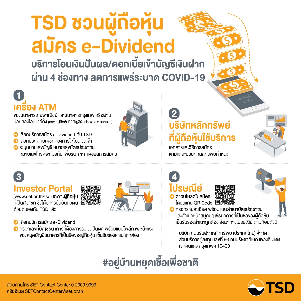 ลาดหลักทรัพย์แห่งประเทศไทย ขอนำส่งข่าวสั้น TSDเชิญชวนผู้ถือหุ้นสมัครใช้บริการ e-Dividendผ่านออนไลน์ ลดการแพร่ระบาดโรคCOVID-19