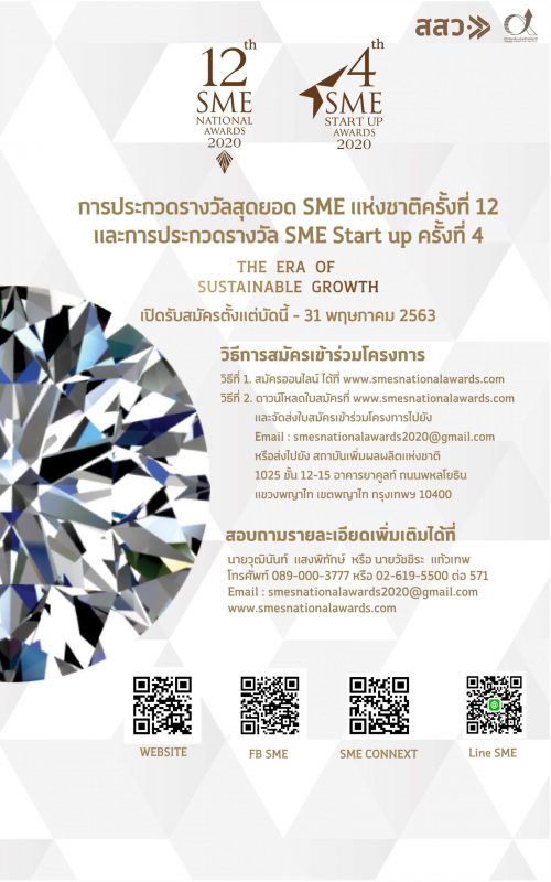 สสว. ขอเชิญผู้ประกอบการ ร่วมประกวด 2 รางวัลอันทรงเกียรติ รางวัลสุดยอด SME แห่งชาติ ครั้งที่ 12 และรางวัล SME Start up ครั้งที่ 4