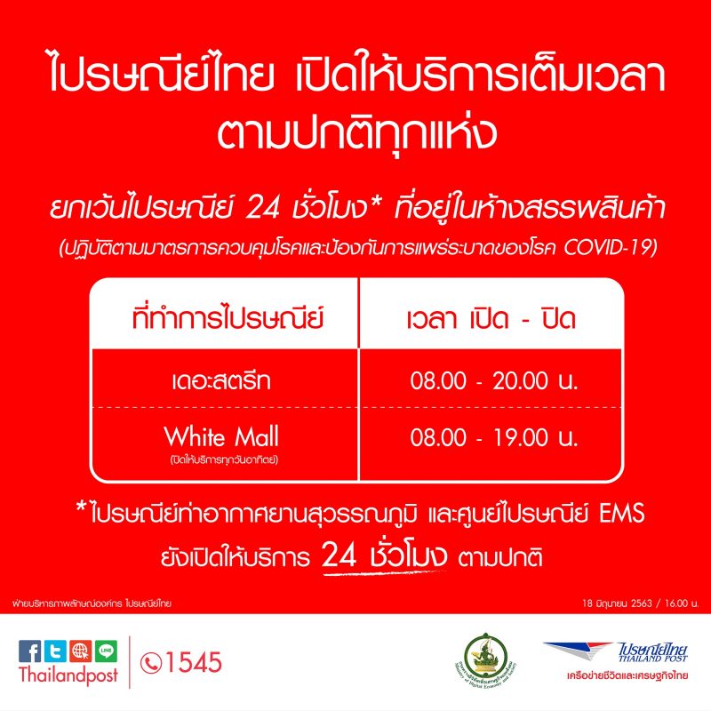 ไปรษณีย์ไทย แจ้งปรับเปลี่ยนเวลาทำการไปรษณีย์ 24 ชั่วโมง ที่อยู่ในห้างสรรพสินค้าชั่วคราว