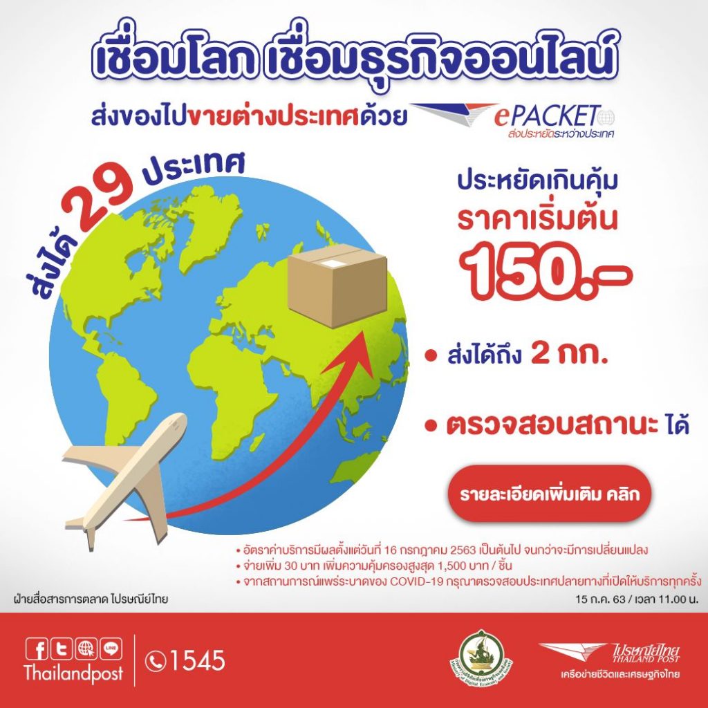 ไปรษณีย์ไทย เผยความพร้อมบริการอีแพ็กเก็ต ส่งสินค้าระหว่างประเทศราคาประหยัด เดินหน้าเชื่อมธุรกิจ อีคอมเมิร์ซ 29 ประเทศทั่วโลก