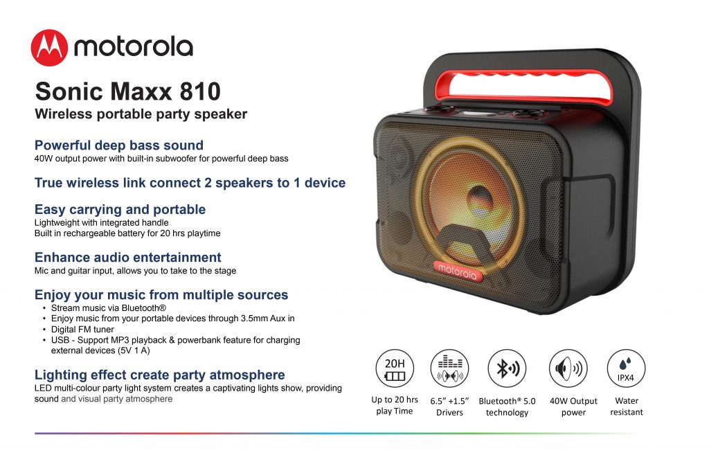 อาร์ทีบีฯ ส่งลำโพง Motorola แบบไร้สาย รุ่น Sonic Maxx 810 เอาใจสายปาร์ตี้ พกพาสะดวก จะปาร์ตี้ คาราโอเกะ จบในตัวเดียว