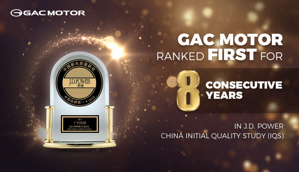 GAC MOTOR Recognized as Champion of J.D. Power Initial Quality Study for China Brand for Eight Consecutive Years