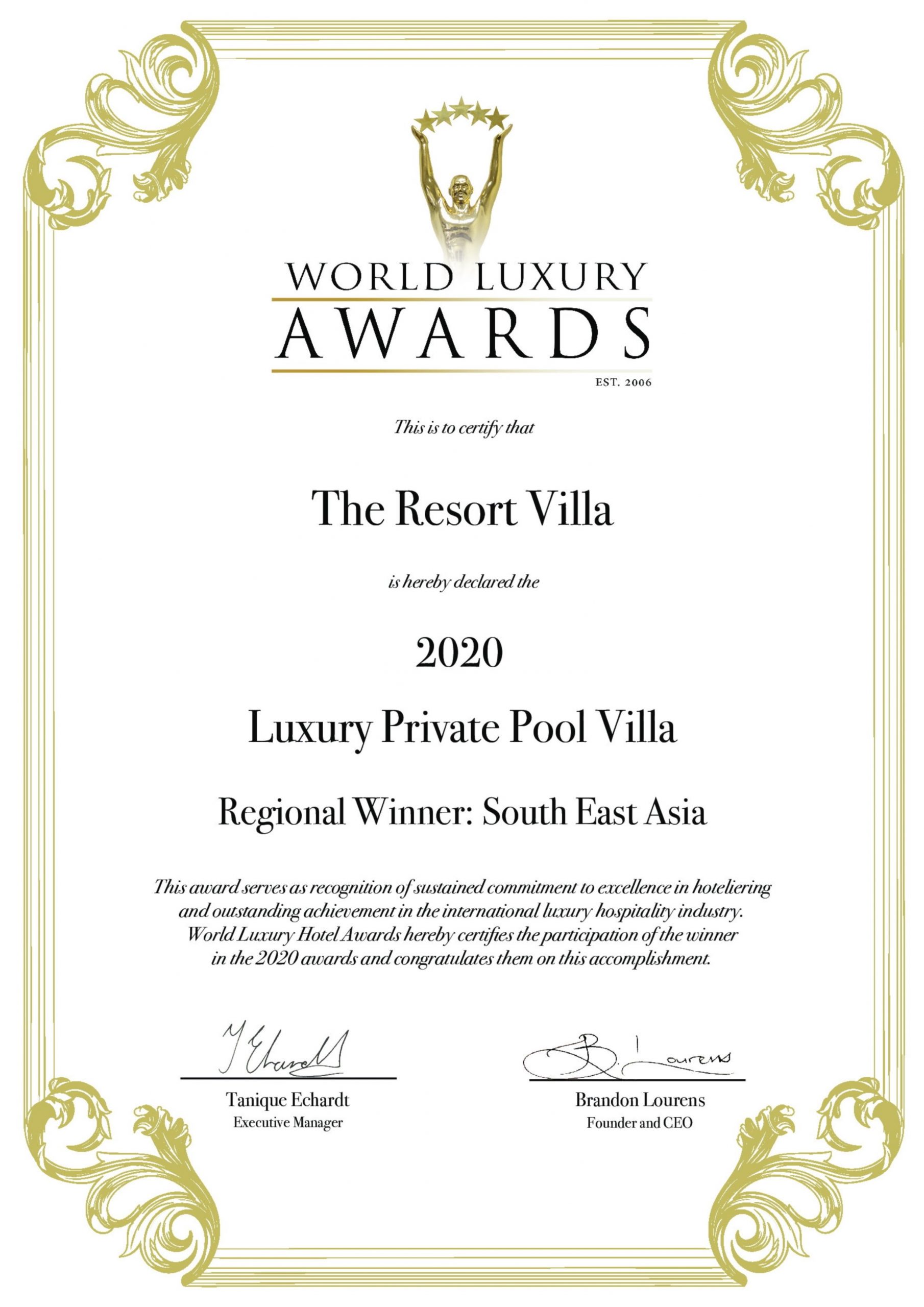 เดอะ รีสอร์ท วิลล่า คว้ารางวัล Luxury Private Pool Villa Regional Winner: South East Asia จาก World Luxury Hotel Awards
