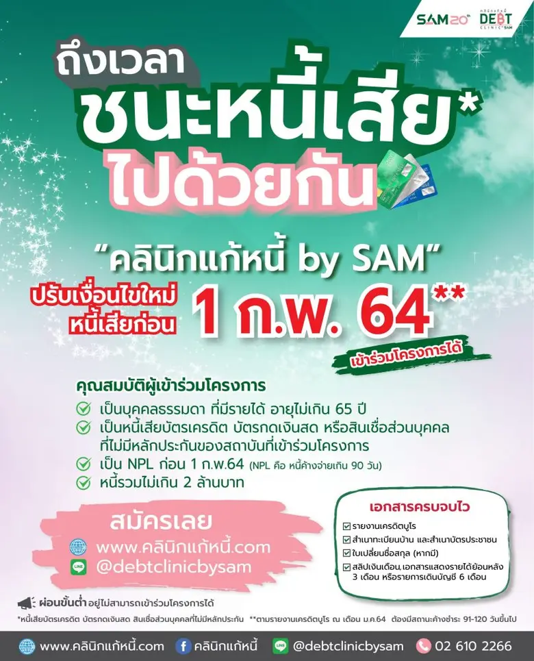 "คลินิกแก้หนี้ by SAM" รับลูก ธปท. ปรับเกณฑ์ใหม่ให้โอกาสกลุ่มคนเป็นหนี้เสียก่อน 1 ก.พ. 64 คาดเก็บตกกลุ่มพลาดโอกาสในรอบก่อนและลูกหนี้ที่ได้รับผลกระทบช่วงโควิด-19