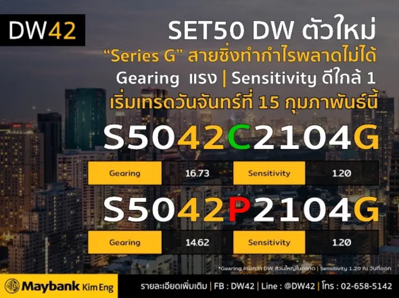 เมย์แบงก์ กิมเอ็ง ออก SET50 DW รุ่นใหม่ ซีรี่ย์ "G" จำนวน 2 ตัว ซื้อขายวันแรก 15 ก.พ.64