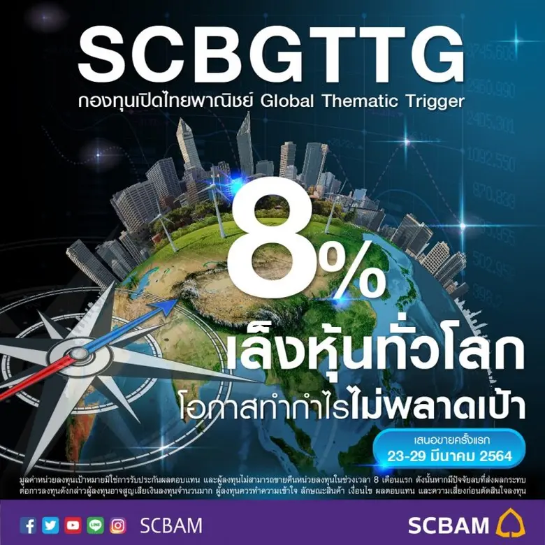 บลจ.ไทยพาณิชย์ ปล่อยกองทริกเกอร์ต่อเนื่อง ลุยตลาดหุ้นทั่วโลก "SCBGTTG" IPO 23 - 29 นี้  เป้าหมายทริกเกอร์ 8% ภายใน 8 เดือน