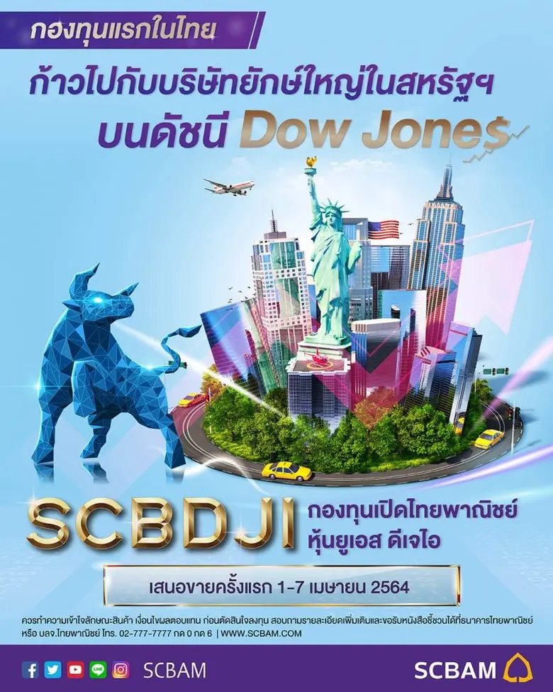 บลจ.ไทยพาณิชย์ เปิดขายกองทุนหุ้นสหรัฐฯ "SCBDJI" IPO 1 - 7 เม.ย. นี้  กองทุนแรกในไทย โอกาสเติบโตกับบริษัทยักษ์ใหญ่บนดัชนี Dow Jones