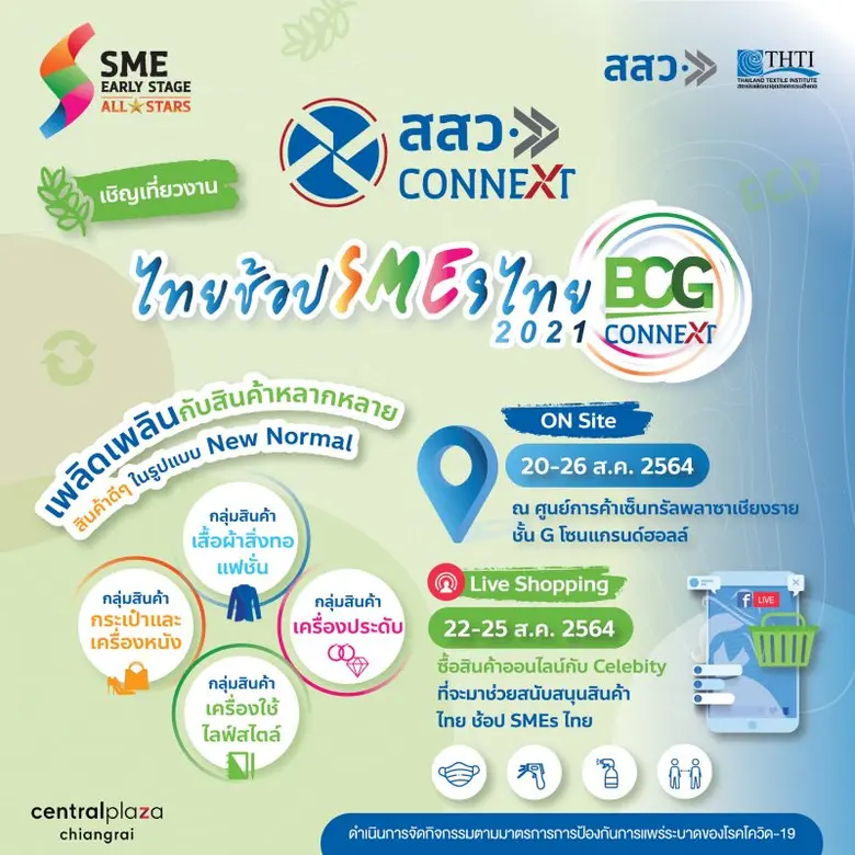 สสว. ชวนเที่ยวงาน "ไทยช้อป SMEs ไทย 2021" BCG Connext  ร่วมอุดหนุนสินค้าไทย 20-26 สิงหาคมนี้ ณ เซ็นทรัล พลาซ่า เชียงราย