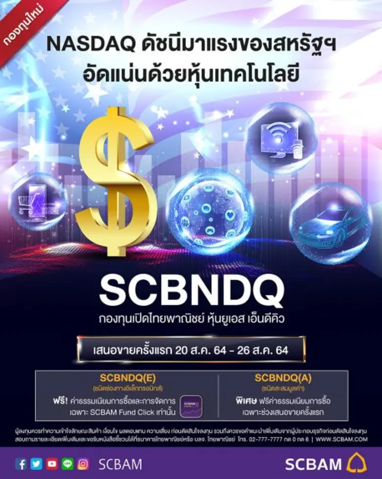 บลจ.ไทยพาณิชย์ เสิร์ฟกองหุ้นดัชนี NASDAQ กับ "SCBNDQ" IPO 20 - 26 ส.ค. นี้ สร้างโอกาสเติบโตจากหุ้นเทคโนโลยีนวัตกรรม
