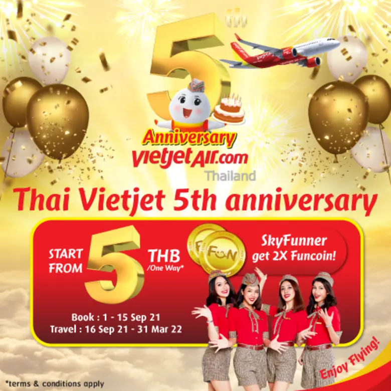 Thai Vietjet celebrates 5th Anniversary from just THB5 with 500,000 FUNcoins Lucky Draw