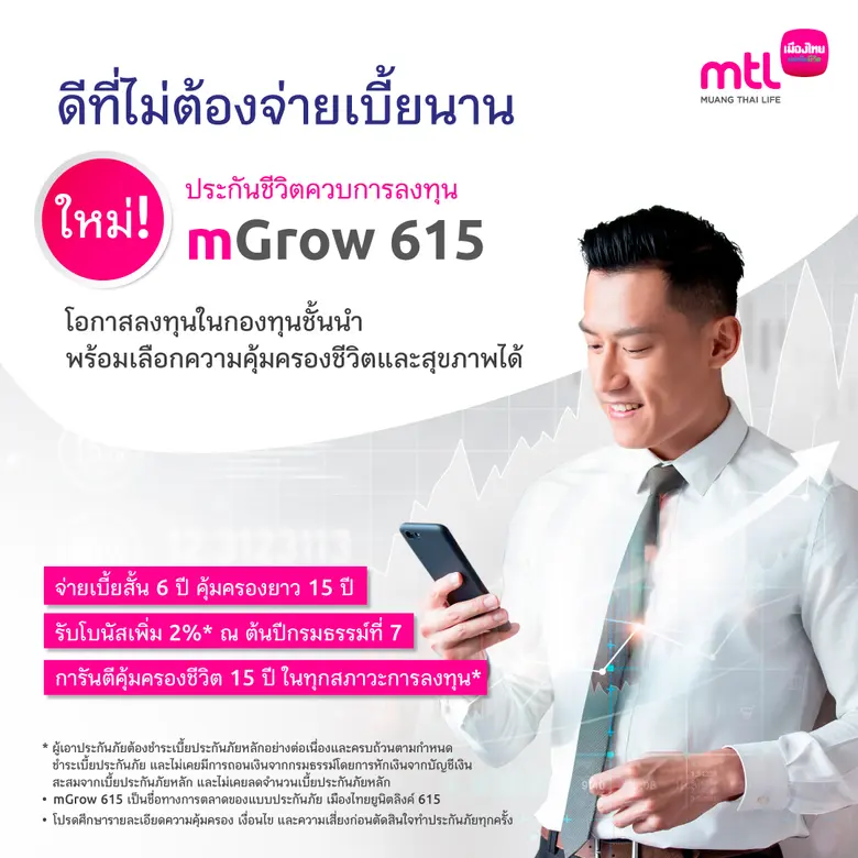 เมืองไทยยูนิตลิงค์ส่ง mGrow 615 เพิ่มทางเลือกใหม่ 'จ่ายเบี้ยสั้น' การันตีความคุ้มครองชีวิต และรับโบนัสเพิ่ม 2% พร้อมโอกาสลงทุนกองทุนชั้นนำ