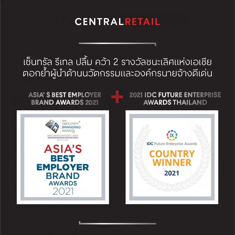เซ็นทรัล รีเทล ปลื้ม คว้า 2 รางวัลชนะเลิศแห่งเอเชีย ตอกย้ำผู้นำด้านนวัตกรรม และองค์กรนายจ้างดีเด่น