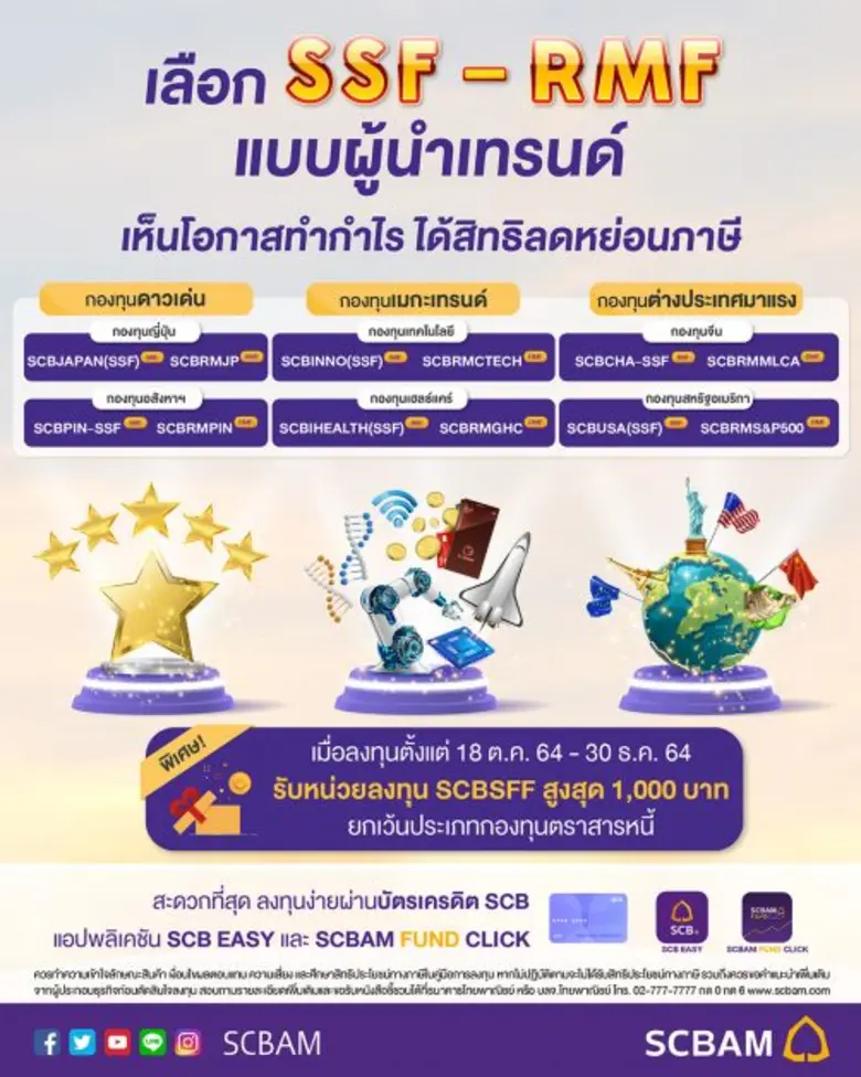 บลจ.ไทยพาณิชย์ แนะลงทุน RMF-SSF แบบผู้นำเทรนด์ผ่าน 3 ธีมเด่น พร้อมโปรโมชั่นรับ SCBSFF สูงสุด 1,000 บาท เริ่ม 18 ต.ค.นี้