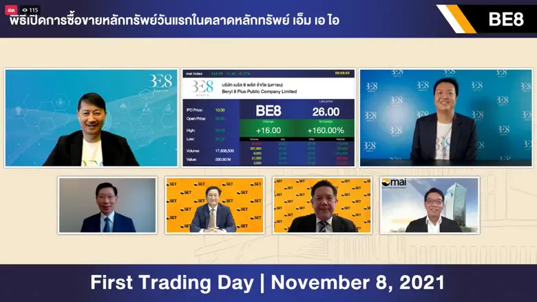 'BE8' ชูศักยภาพมุ่งสู่ผู้นำขับเคลื่อนการทำดิจิทัล ทรานส์ฟอร์เมชั่นแห่งอาเซียน ลงทุนสร้างนวัตกรรมแห่งเทคโนโลยีและซอฟต์แวร์ พร้อมร่วมทุนพันธมิตรเสริมแกร่ง หลังเข้าเทรดในตลาดหลักทรัพย์เอ็มเอไอ ในวันที่ 8 พ.ย.เป็นวันแรก