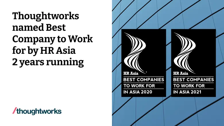 Thoughtworks ประเทศไทย ได้รับรางวัล "บริษัทที่น่าทำงานมากที่สุด" เป็นปีที่สองติดต่อกัน Thoughtworks ประเทศไทย ได้รับรางวัล "บริษัทที่น่าทำงานมากที่สุด" เป็นปีที่สองติดต่อกัน