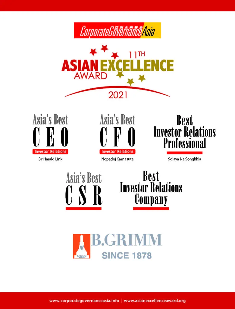บี.กริม เพาเวอร์ ปลื้มคว้า 5 รางวัลเกียรติยศ Asian Excellence Awards 2021 ตอกย้ำความเป็นเลิศขององค์กร ด้านการลงทุนและธรรมาภิบาล ระดับชั้นนำของเอเชีย
