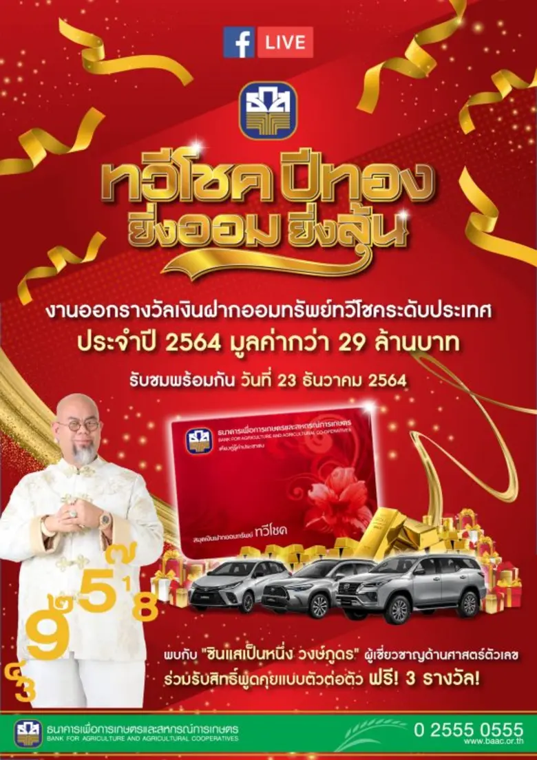 ธนาคารเพื่อการเกษตรและสหกรณ์การเกษตร (ธ.ก.ส.) ชวนร่วมลุ้นโชคดี รับปีใหม่ แจกโชคใหญ่กว่า 29 ล้านบาท "งานออกรางวัลเงินฝากออมทรัพย์ทวีโชคระดับประเทศ ประจำปี 2564"