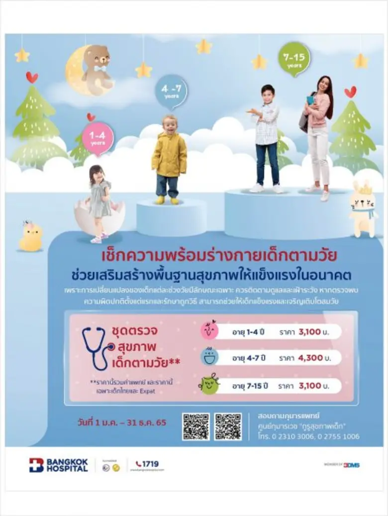 แพ็กเกจตรวจเช็กสุขภาพเด็กตามวัย ศูนย์กุมารเวช รพ. กรุงเทพ (ซ.ศูนย์วิจัย) ตั้งแต่วันที่ 1 มกราคม - 31 ธันวาคม 2565