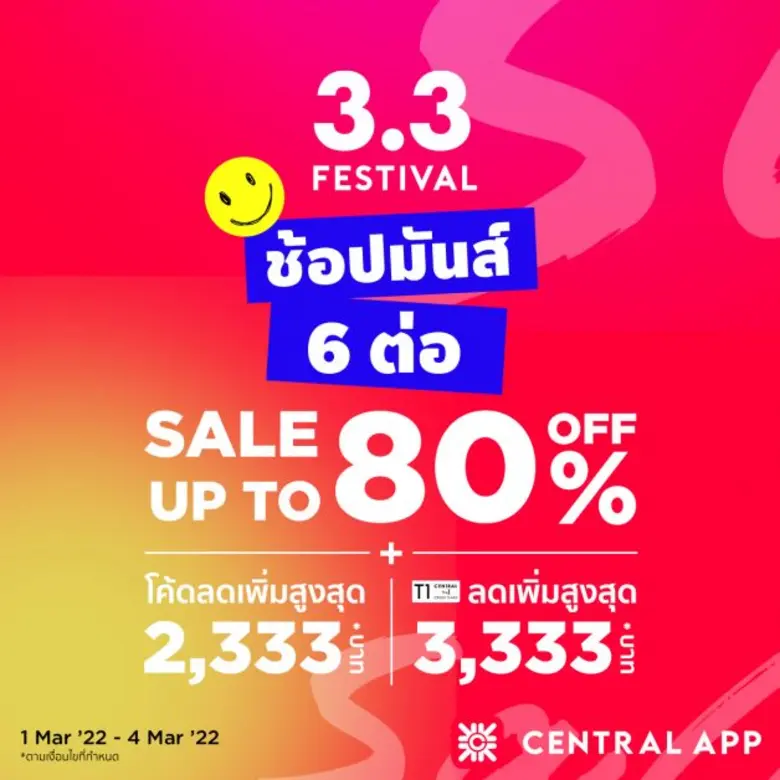 "Central App" เสิร์ฟ "Central 3.3 Festival" ช้อปมันส์ถึง 6 ต่อ!! จัดโปรฯ ขยี้ตา ลดสูงสุด 80% Flash Deal ขยี้ใจ แบรนด์ดัง เริ่มต้น 33 บาท!  พร้อมบริการพิเศษเฉพาะของทางห้างฯ นักช้อปสุข-สนุกกว่าที่เคย