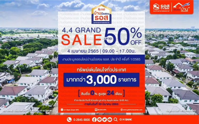 ธอส.จัดประมูลออนไลน์บ้านมือสอง 4.4 Grand Sale [up to 50%]  จัดทรัพย์คุณภาพดี ราคาโดน ครั้งนี้มากที่สุด เกือบ 3.7 พันรายการ