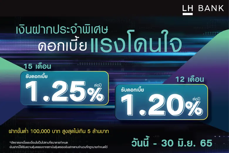 LH Bank ออกเงินฝากประจำพิเศษ ชูดอกเบี้ยแรงโดนใจ 15 เดือน ดอกเบี้ย 1.25% และ12 เดือน ดอกเบี้ย 1.20%