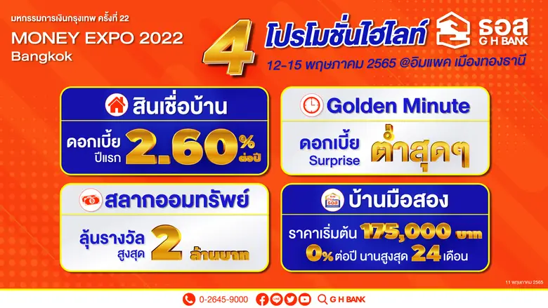 ธอส. จัดแผง 4 โปรแรง!! สินเชื่อบ้านดอกเบี้ยปีแรกเพียง 2.60% ต่อปี  ลุ้น Surprise ดอกเบี้ยต่ำสุด ๆ  ในช่วง Golden Minute ที่งาน Money Expo กรุงเทพฯ 2022
