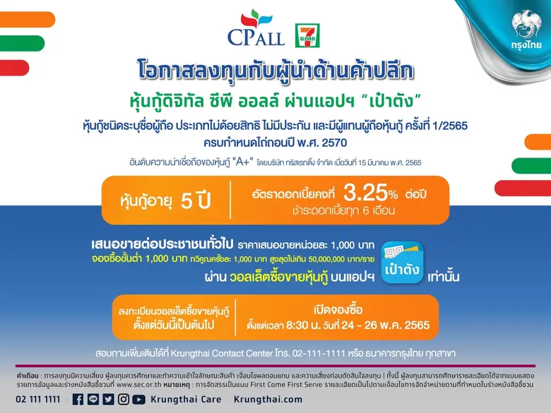 หุ้นกู้ดิจิทัล "ซีพี ออลล์" อายุ 5 ปี ดอกเบี้ย 3.25% จองเริ่มต้น 1,000 บ. ผ่านแอปฯ "เป๋าตัง"  24-26 พ.ค.นี้ ตอกย้ำลงทุนทั่วถึง-เท่าเทียม