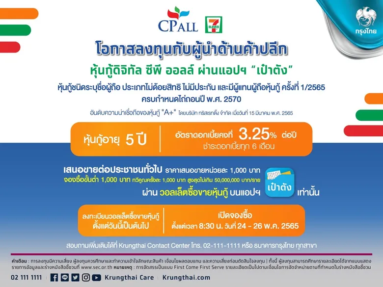 หุ้นกู้ดิจิทัล "ซีพี ออลล์" อายุ 5 ปี ดอกเบี้ย 3.25% จองเริ่มต้น 1,000 บ. ผ่านแอปฯ "เป๋าตัง"  24-26 พ.ค.นี้ ตอกย้ำลงทุนทั่วถึง-เท่าเทียม
