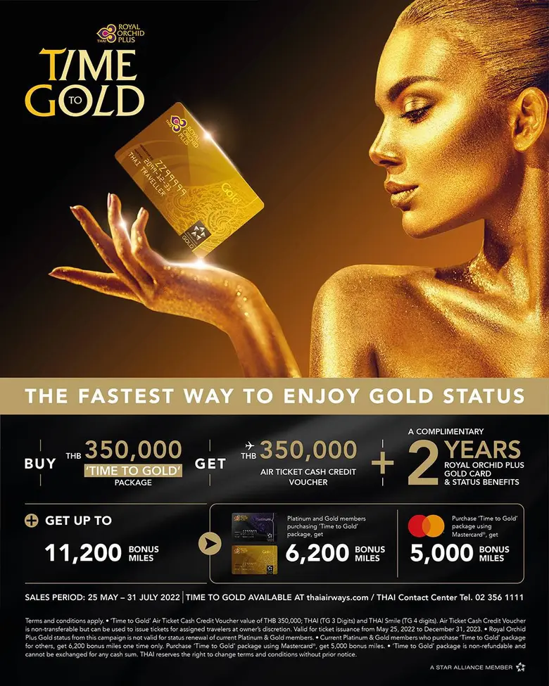 การบินไทยจัดแพ็กเกจ "Time to Gold" เครดิตเงินสำหรับการชำระค่าบัตรโดยสารมูลค่า 350,000 บาท พร้อมรับสถานภาพสมาชิกบัตรทอง รอยัล ออร์คิด พลัส และสิทธิประโยชน์ครบครัน ขานรับการเปิดประเทศเต็มรูปแบบ
