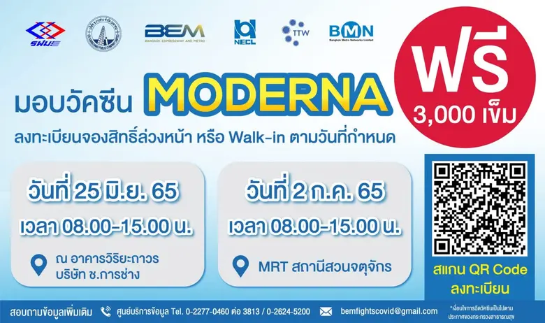 CK & BEM ห่วงใย สู้ภัยโควิด-19 มอบวัคซีน "โมเดอร์นา" ฟรี ต่อเนื่องเป็นครั้งที่ 6อีก 3,000 เข็ม