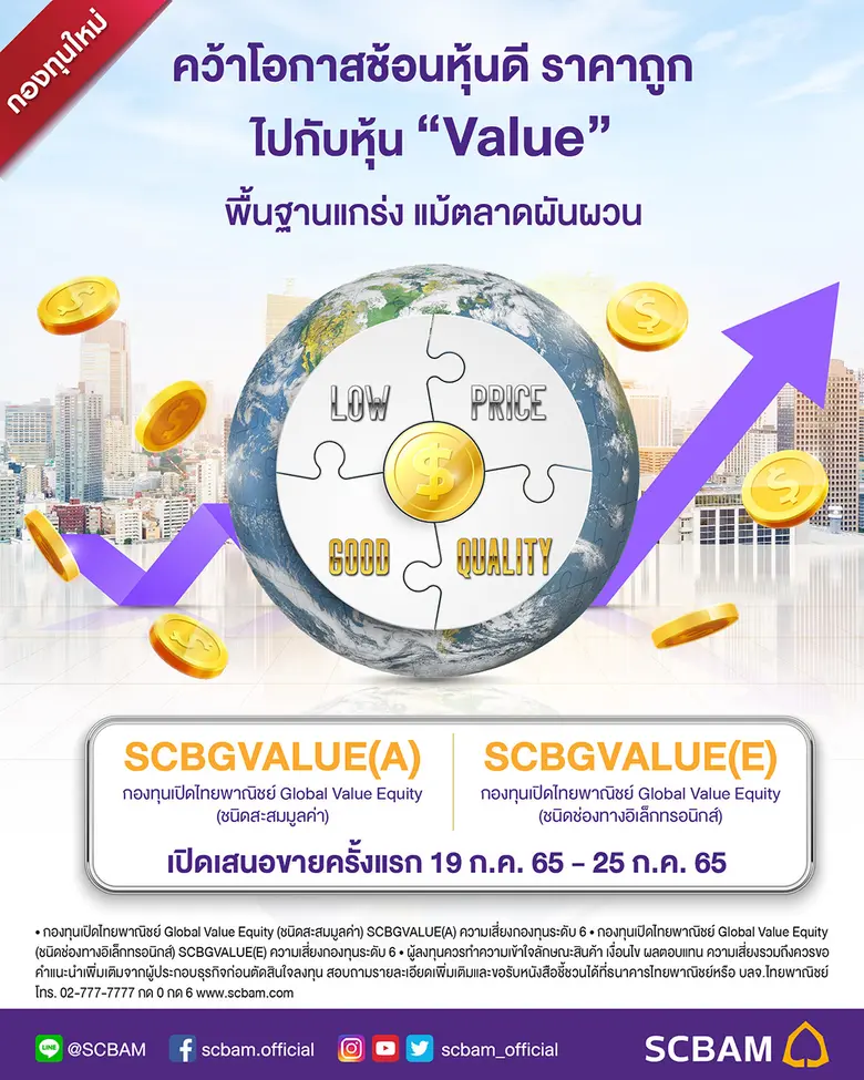 บลจ.ไทยพาณิชย์ ส่งกองทุน SCBGVALUE กับการลงทุนหุ้นคุณภาพ  ต้านเศรษฐกิจชะลอตัว เสนอขายครั้งแรก 19-25 ก.ค.นี้