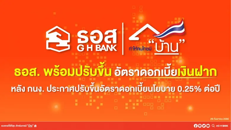 ธอส. พร้อมปรับขึ้นดอกเบี้ยเงินฝากตาม กนง.