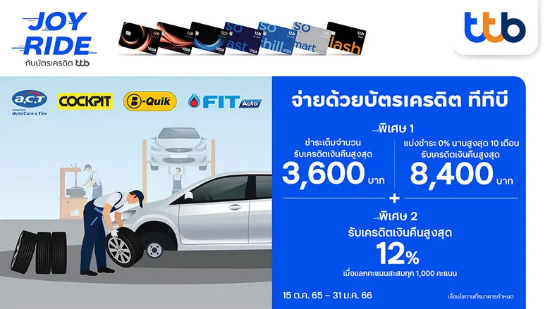 บัตรเครดิต ทีทีบี มอบข้อเสนอดีๆ เมื่อเข้าศูนย์บริการรถยนต์ รับเครดิตเงินคืนสูงสุด 8,400 บาท และแลกคะแนนสะสม รับเครดิตเงินคืนสูงสุด 12%