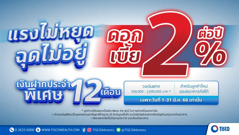 แรงไม่หยุด! ธ.ทิสโก้ ประกาศเงินฝากประจำพิเศษ 12 เดือน ดอกเบี้ย 2% ต่อปี