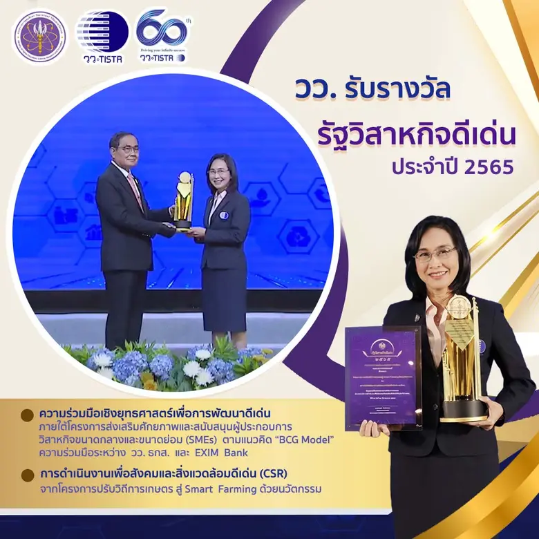 วว. คว้ารางวัลรัฐวิสาหกิจดีเด่น ประจำปี 2565 ด้านความร่วมมือเชิงยุทธศาสตร์เพื่อการพัฒนาดีเด่น &amp; การดำเนินงานเพื่อสังคมและสิ่งแวดล้อม