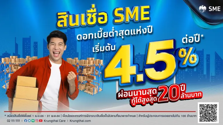 ที่สุดแห่งปี! กรุงไทยจัดโปร "สินเชื่อ SME" ดอกเบี้ยต่ำสุด 4.5% ผ่อนนาน 20 ปี ติดปีก SME เติบโตยั่งยืน