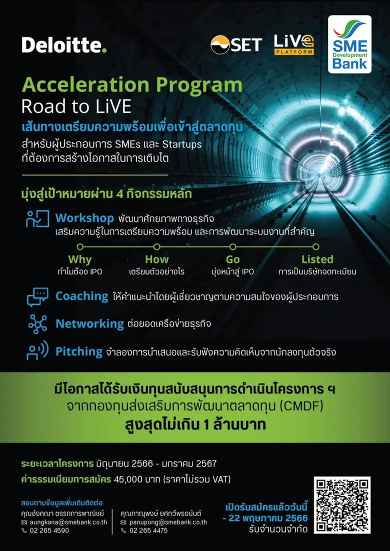 โอกาสทอง SMEs-Startup โตก้าวกระโดด "SME D Bank" ผนึก "Deloitte" จัดโครงการติวเข้มเตรียมพร้อมเข้าตลาดทุน รับสิทธิ์ขอเงินทุนสนับสนุน 1 ลบ. จาก CMDF