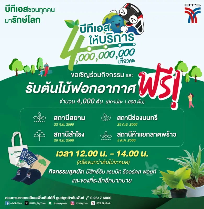 บีทีเอสฉลองให้บริการครบ 4,000 ล้านเที่ยวคน จัดแคมเปญ "แจกต้นไม้ฟอกอากาศ 4,000 ต้น" ให้ผู้โดยสาร เพิ่มพื้นที่สีเขียว ลดมลภาวะโลกเดือด (Global Boiling)