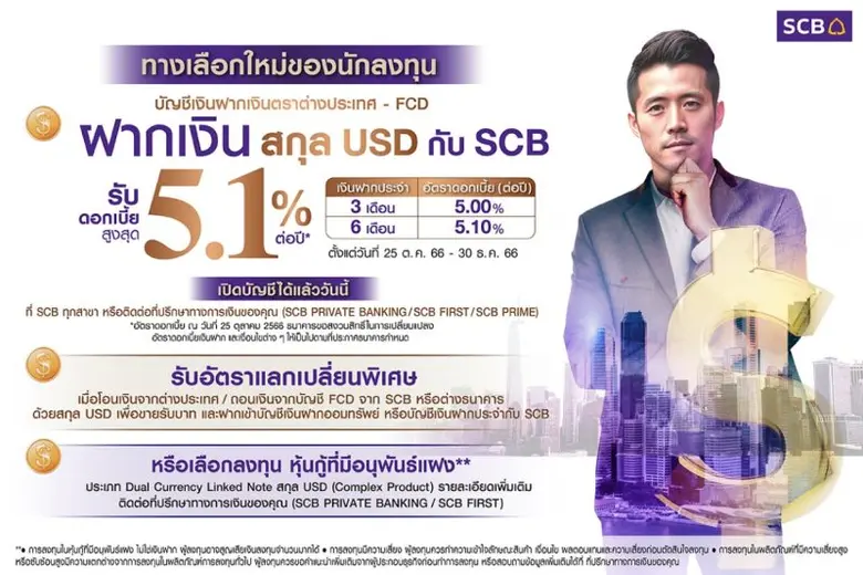 SCB ส่ง "บัญชีเงินฝากประจำ สกุลเงิน USD" รับดอกเบี้ยสูงสุด 5.10% ต่อปี ทางเลือกใหม่ของการออมเงิน สู่ความมั่งคั่งทางการเงิน